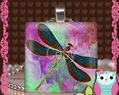 Custom Purple and Green DragonFly Glass Tile Pendant Image 825