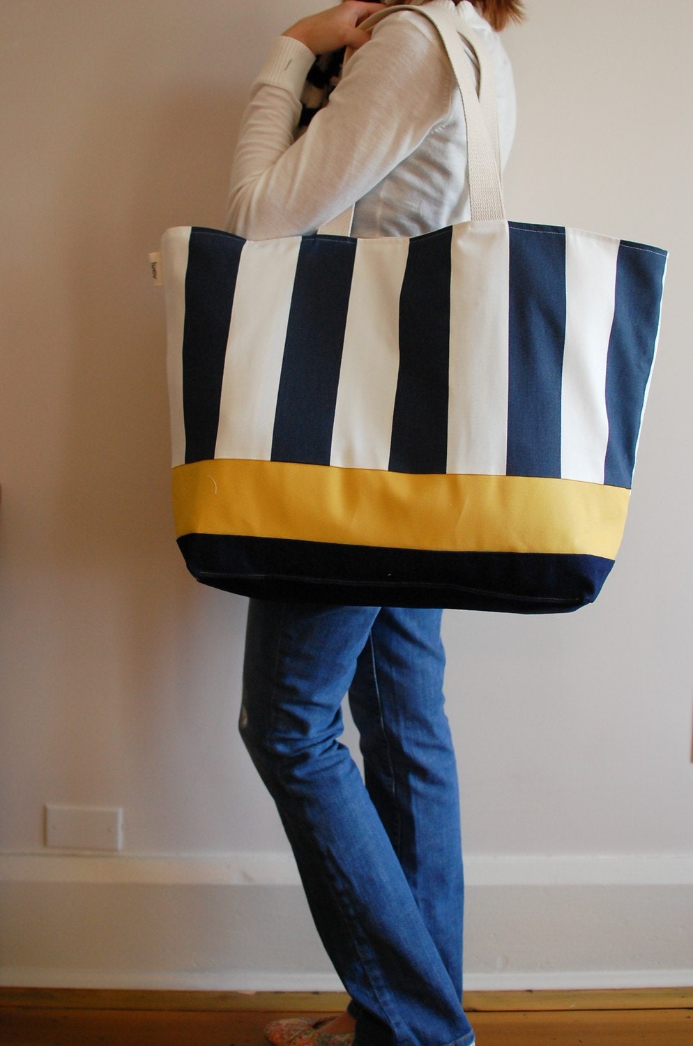 EXTRA Large Beach Bag // Tote in Navy and Cream Stripes with a Pinch of Yellow