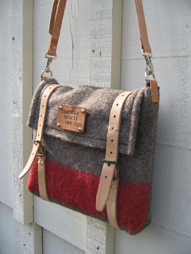 Swiss Army iPad Messenger Bag- Cross Body Travel Bag-Wool-Leather-Personalized-Taupe-Gray-Red stripe