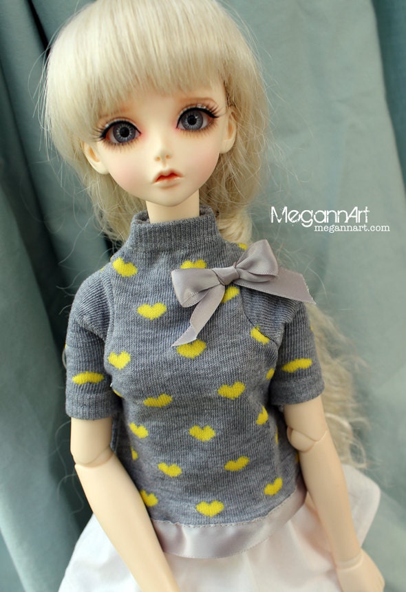 SALE- Gray Yellow Heart Print Blouse/Shirt for SD sized BJDs
