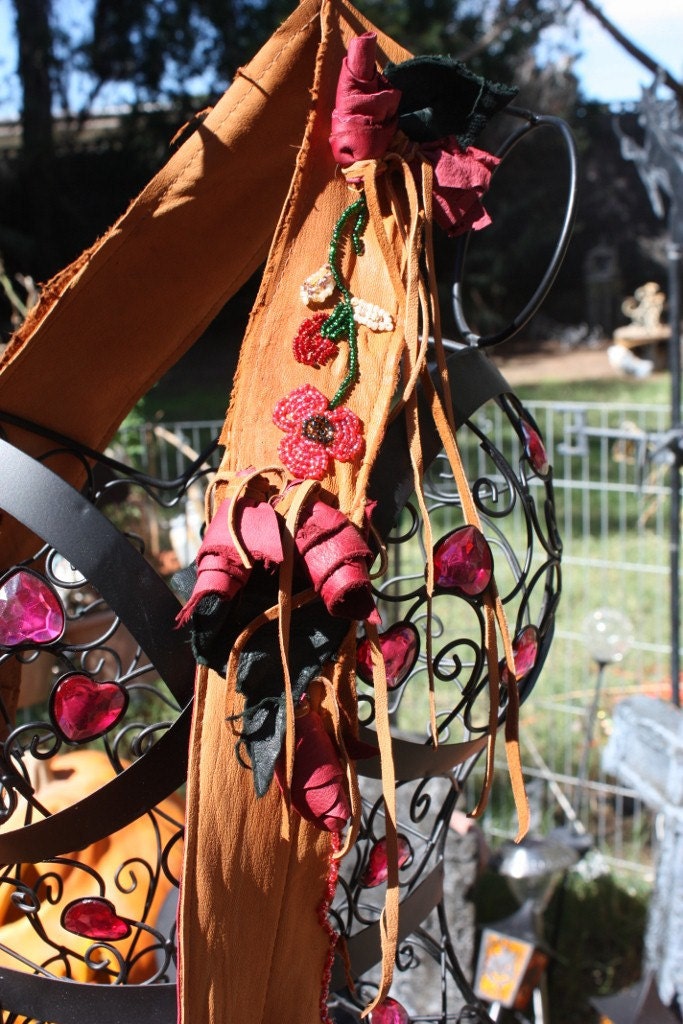 showdiva designs Asymmetrical brown Leather Bag Purse LoNg FriNgE n Hand Sculpted Flower Hand Beaded