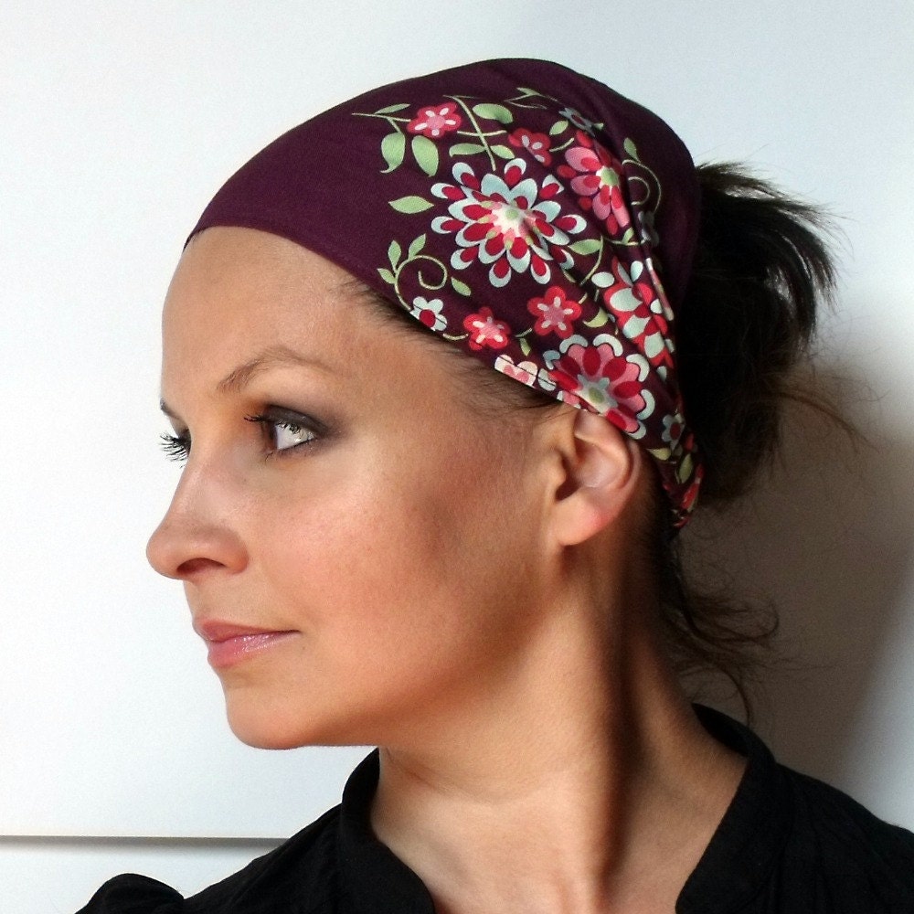 Yoga Headband Cotton Bandana - Amy Butler Memento in Burgundy fabric