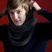Hand knitted grey scarf-tube with small pearl pattern