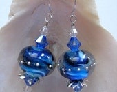 Cobalt Blue Orb in a Circle of Stars: Lampwork Glass Bead Earrings - maineladybug