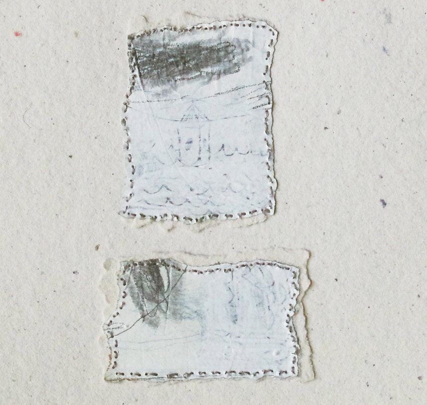 Mixed Media Collage Drawing on Handmade Paper / Fragments no.2