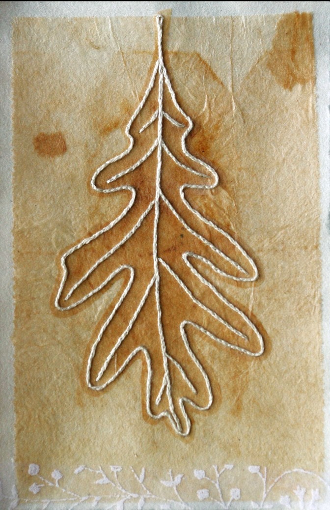 Embroidered Oak Leaf on Teabag (Hand Stitched Drawing on Teabag no.4)
