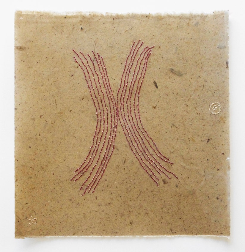 Echoes / Deep Red Embroidered Lines on Handmade Paper
