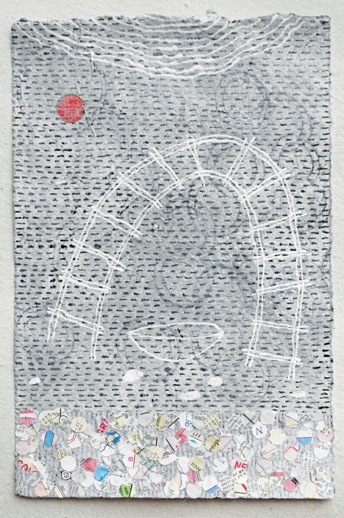 Boat Under A Bridge / Mixed Media Drawing With Map Collage