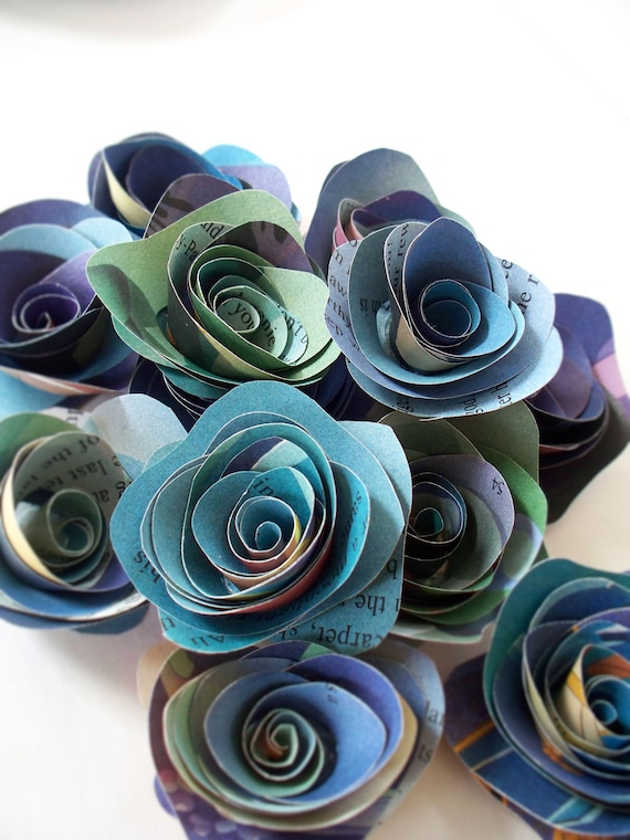 12 Large Paper Flowers made from Vintage Childrens Pages in Blue and Green