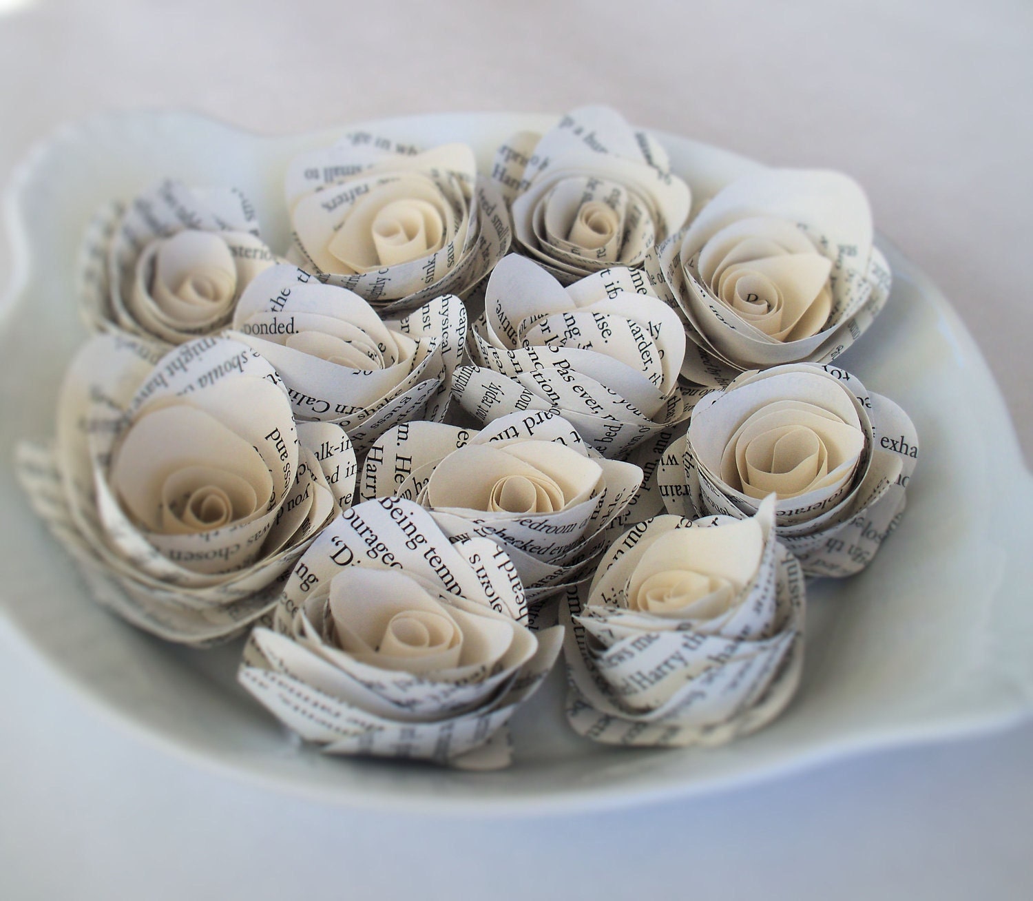 50 SMALL LIGHT PATINA Paper Flowers made from Vintage Book Pages