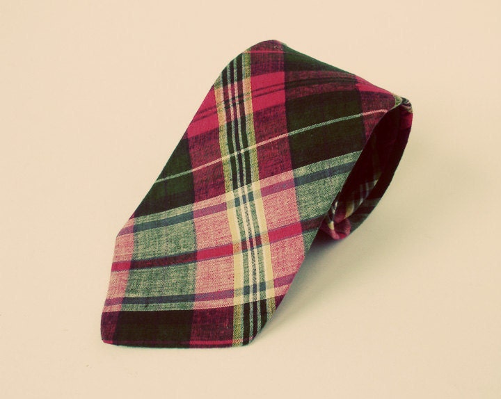 Madras cloth red plaid necktie, mens