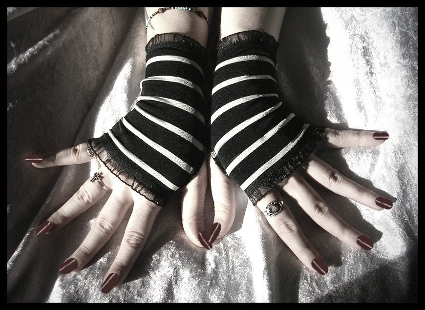 Little Light Fingerless Gloves - Black - Silver White Stripes - Gothic Dark Bellydance Tribal Carnival Lolita Vampire Circus Emo Goth - ZenAndCoffee