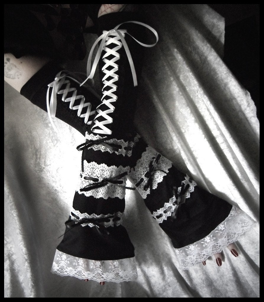 Hedonia, Queen of Shadows Extra Long Corset Laced Up Arm Warmers - Black White Lace & Ribbon - Gothic Noir Belly Dance Dark Wedding Goth EGL