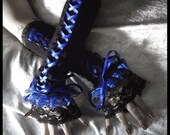 Shadow and Mirth Corset Laced Up Arm Warmers - Black - Bright Royal Blue Ribbon & Ruffled Lace - Lolita Vampire Wedding Dark Emo Rococo EGL
