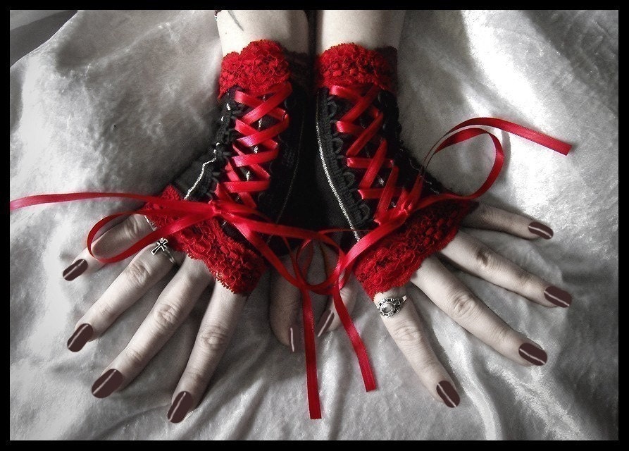 The Killing Moon Fingerless Gloves Corset Laced Up Mittens - Black Silver Pin Stripes & Blood Red Lace - Vampire Gothic Victorian Bellydance