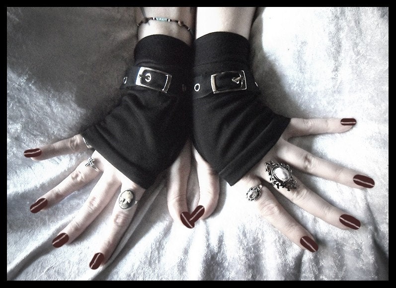 Deconstructing Angel Gloves - Gothic Unisex Buckled Bondage Mittens - Black w/ Silver Metal Buckles - Visual Goth Fetish Cyber Vampire Men