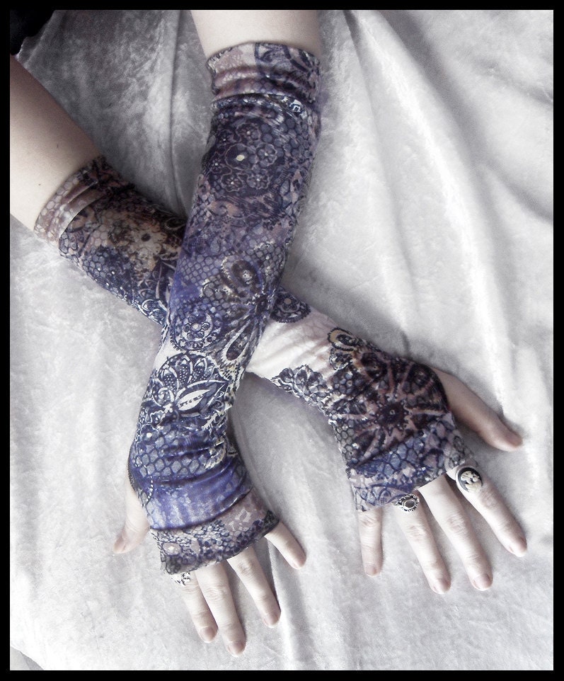 Mirage Arm Warmers - Navy Blue White Pale Yellow Black Tan Brown Floral Mandelas - Gothic Tribal Namaste Steampunk Noir Mehndi Gypsy Yoga