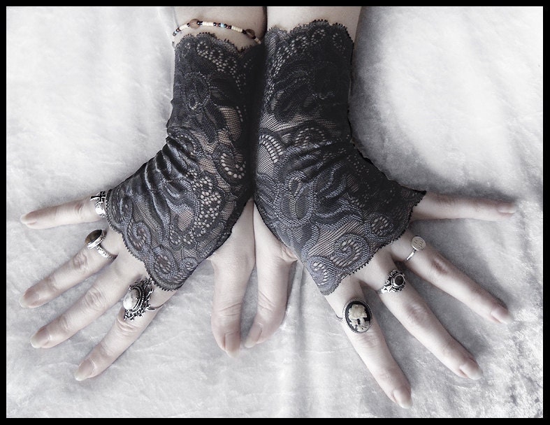 Delphine Lace Fingerless Glove Mittens - Dark Charcoal Grey Floral Fishnet -  Gothic Vampire Lolita Wedding Fetish Belly Dance Goth Bridal