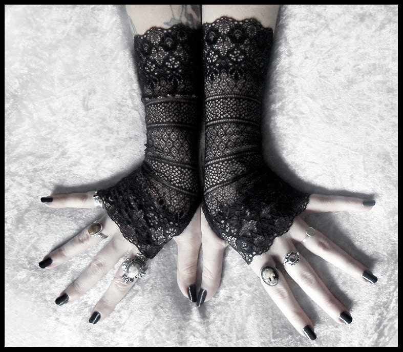 Agathe Long Lace Fingerless Gloves - Black Ornate Embroidered - Gothic Wedding Fetish Dark Tribal Bellydance Mehndi Damask Goth Bridal