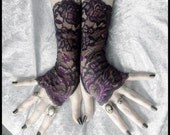 Abelina Long Lace Fingerless Gloves - Plum Purple Violet Floral Fishnet - Gothic Wedding Fetish Dark Tribal Bellydance Eggplant Goth Bridal