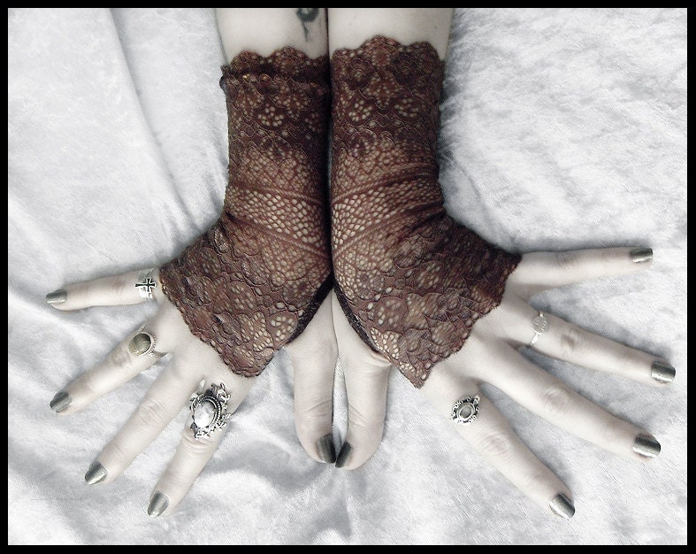 Thane Long Lace Fingerless Gloves - Dark Earth Brown Ornate Embroidered - Gothic Wedding Fetish Tribal Bellydance Mehndi Damask Goth Mori