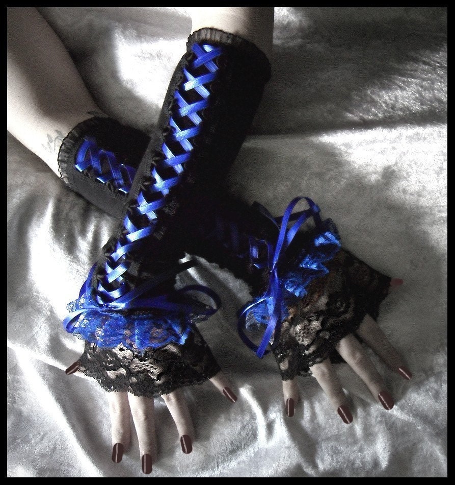 Shadow and Mirth Corset Laced Up Arm Warmers - Black - Bright Royal Blue Ribbon & Ruffled Lace - Lolita Vampire Wedding Dark Emo Rococo EGL