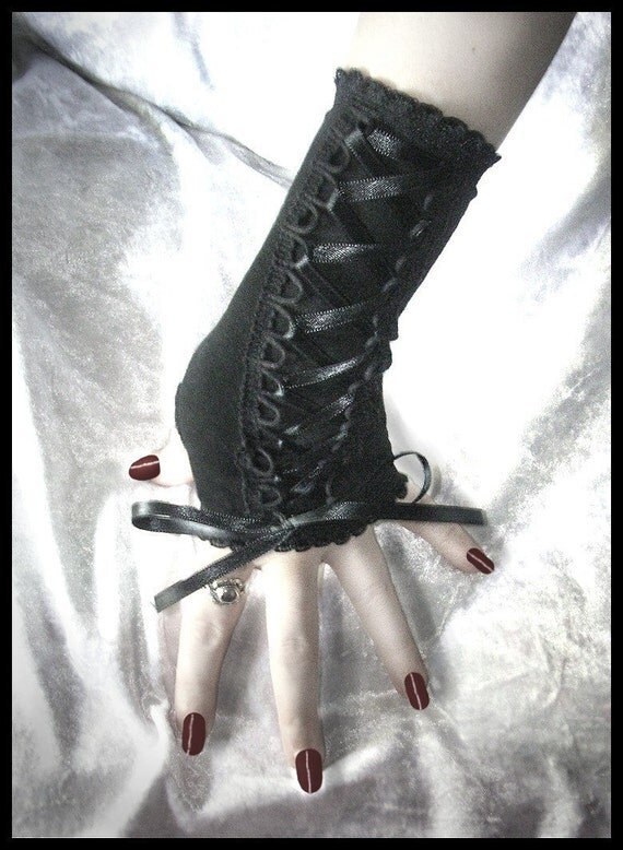 Bound Black Lolita Corset Style Fingerless Gloves Laced Up w/ Black Ribbon - EGL Kuro Wedding Belly Dance Dark Fusion Bellydance Emo Vampire
