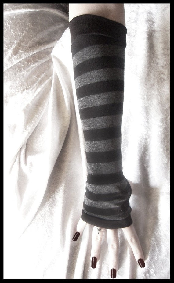 Dusk And Her Embrace Arm Warmers - Dark Charcoal Grey & Black Stripes - Bellydance Chic Classic Bohemian Yoga Cycling Emo Vampire Light