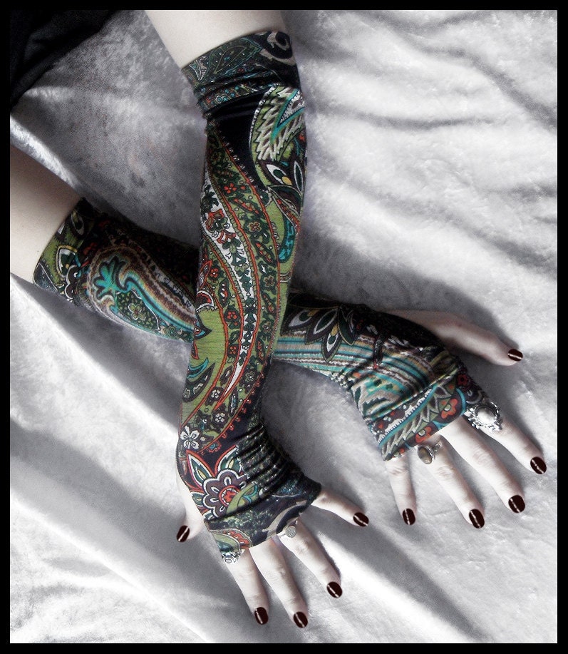 Caravan Arm Warmers - Black Moss Green Brown Cream Teal Jade Orange Floral Paisley Mandela - Yoga Gothic Dark Tribal Goth Vampire Gaia