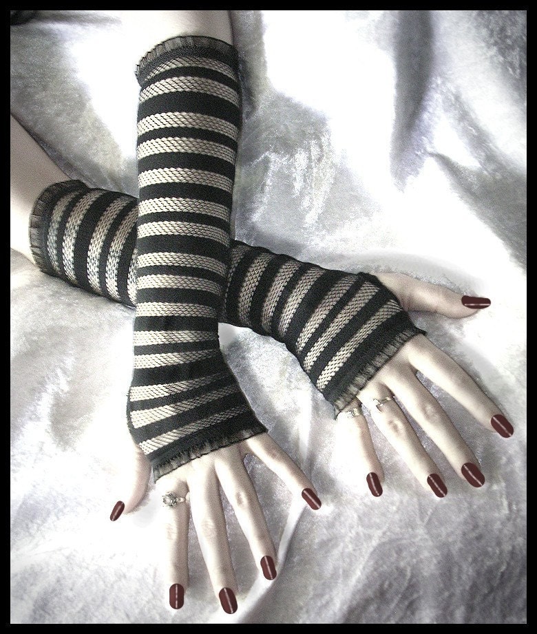 Jezabel Jane Long Black Fishnet Lace Arm Warmers with Opaque Horizontal Stripes for Gothic, Vampire, Lolita, Steampunk, Fetish, Noir, Belly Dance, Dark Tribal Fusion, Burlesque, Caberet Styles