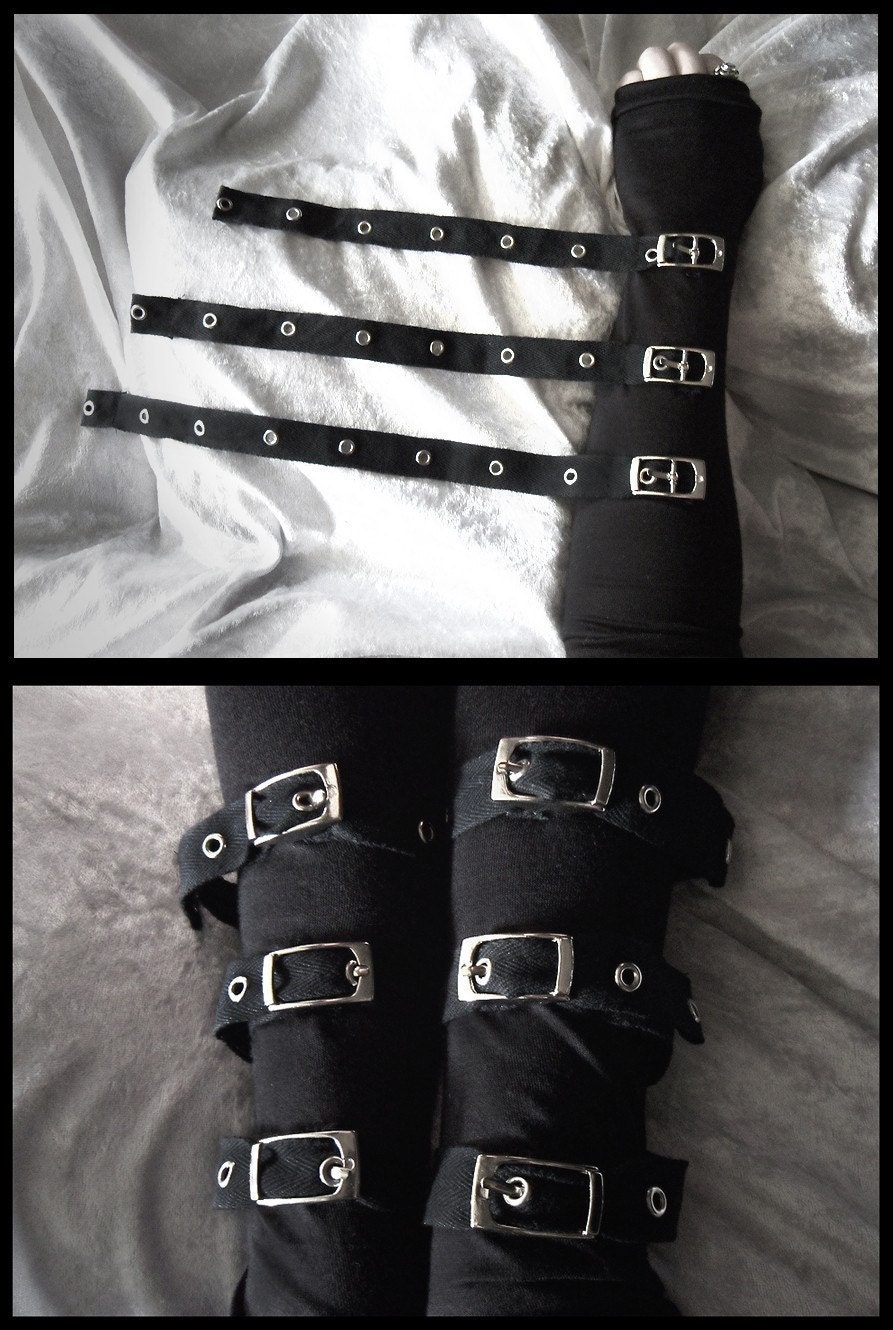 Contorted Angel Arm Warmers - Gothic Unisex Buckled Bondage - Black w/ Silver Metal Buckles - Rivet Head Visual Men Punk Dark Vampire Lolita