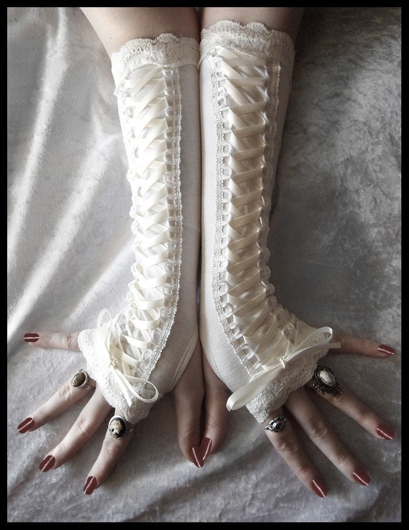 Porcelain Maiden Victorian Corset Laced Up Arm Warmers - Pale Ivory Lace & Ribbon - Vampire Gothic Tribal Goth Lolita Burlesque Bridal Cream