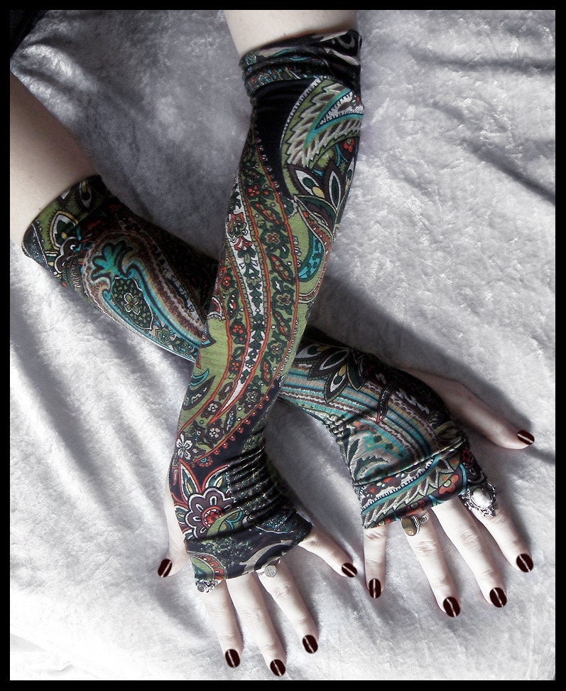 Caravan Arm Warmers - Black Moss Green Brown Cream Teal Jade Orange Floral Paisley Mandela - Yoga Gothic Dark Tribal Goth Vampire Gaia