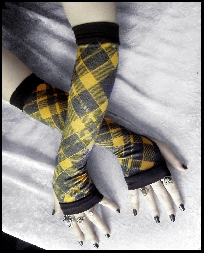 Collegiate Arm Warmers - Charcoal & Heather Grey Golden Yellow Plaid - Yoga Gothic Dark Tribal Goth Classic Gypsy Cycling Hooping Emo