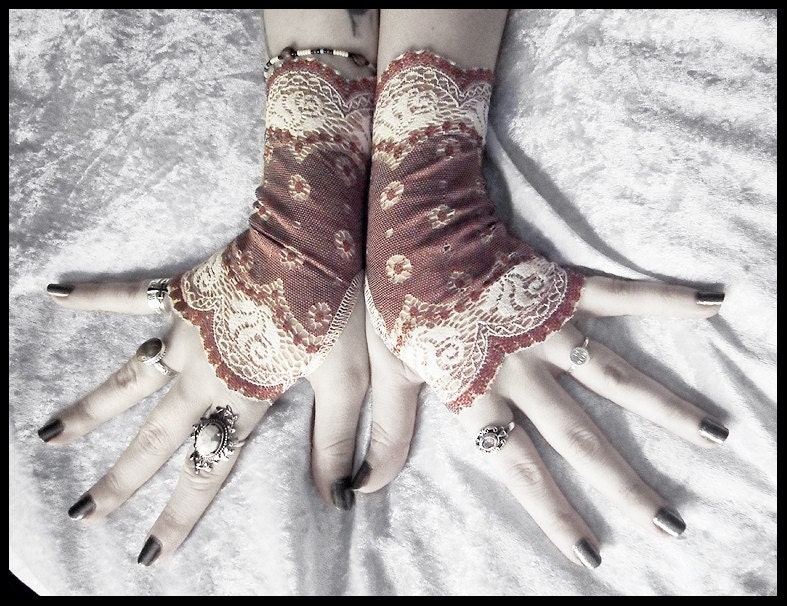 Dirigible Lace Fingerless Gloves - Burgundy Brown & Ivory Cream Embroidered - Gothic Wedding Fetish Tribal Bellydance Tea Airship Goth