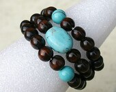 SALE 3 Wood Bead Bracelets With Turquoise Beads Stretch Set