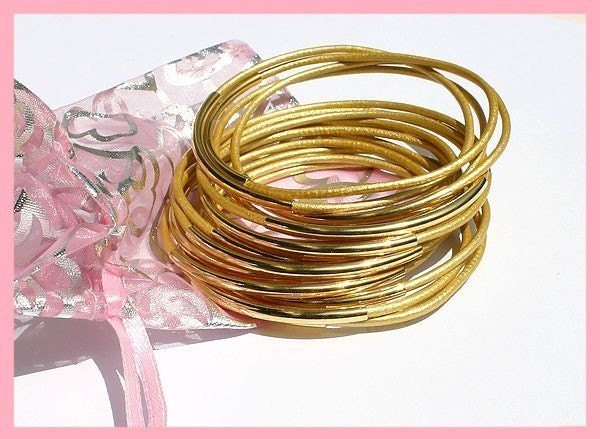 10 Leather Bangles Bracelets Gold Leather and Gold or Silver Metal Tubes