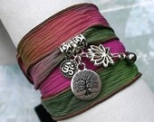 Silk Ribbon Yoga Wrap Bracelet Brass Hand Dyed Secret Garden Tree of Life, Lotus, Ohm, Pearl Charms, Yoga Jewelry Free Shipping