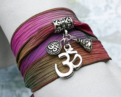 Silk Ribbon Wrap Bracelet Hand Dyed Secret Garden Ohm Om, Buddha Yoga Jewelry