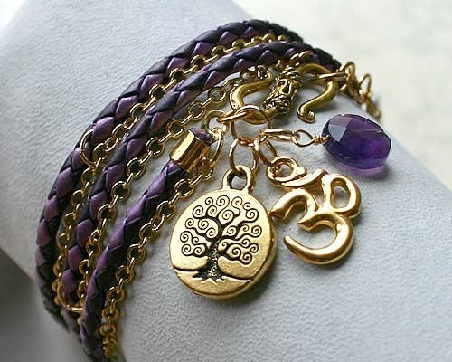 Purple Leather And Chain Bracelet Crown Sahasrara Chakra Amethyst Tree of Life Om Yoga Wrap