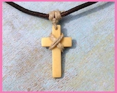 Leather Hemp Surfer Necklace With Bone Cross Distresed Cord Hemp