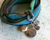 Hand Dyed Silk Ribbon Wrap Bracelet Sand Sea Silver Balance Hamsa Peal Yoga Jewelry