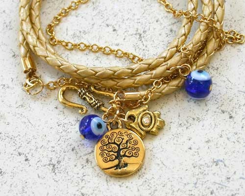 Evil Eye Protection Leather And Chain Bracelet With Tree Of Life And Hamsa