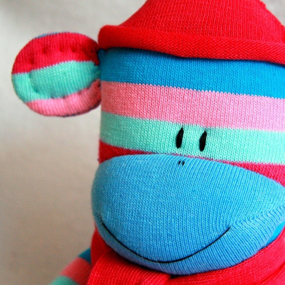 Sock Monkey Doll Pink and Blue Stripes, Sock Toy Baby, stuffed animal