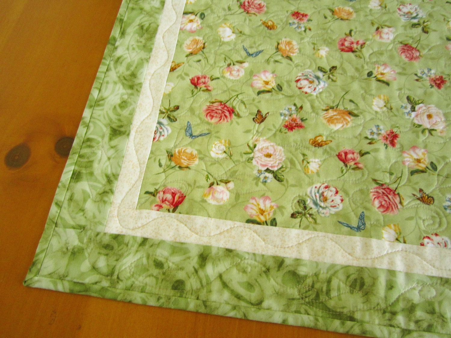Green Floral Quilted Table Topper
