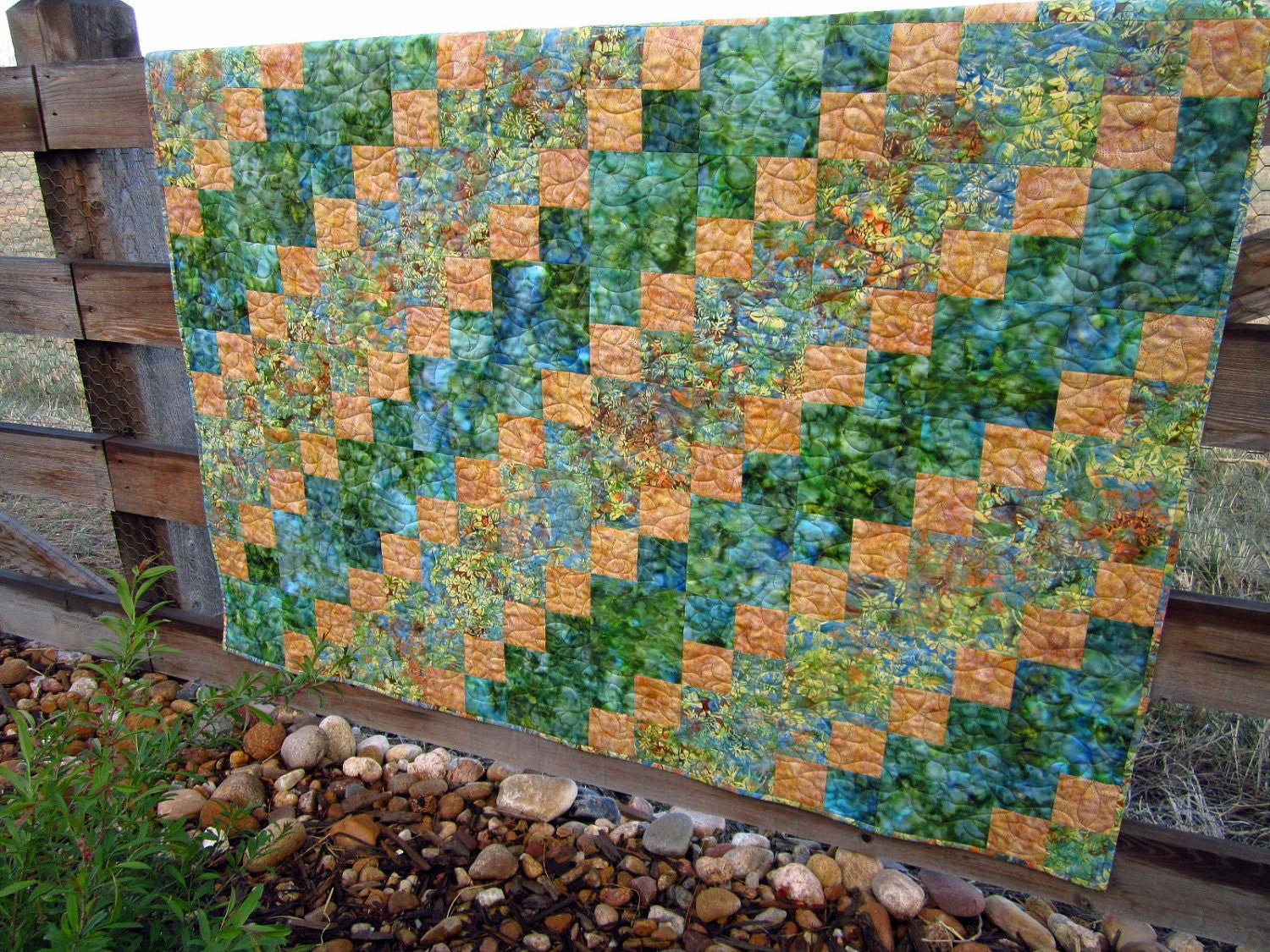Handmade Batik Quilt Meadows, Patchwork Quilt, Lap Quilt