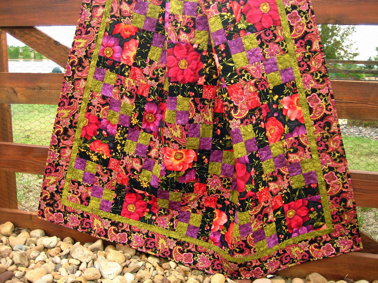 Patchwork Quilt, Handmade Quilt Floral Fusion, Quilted Throw