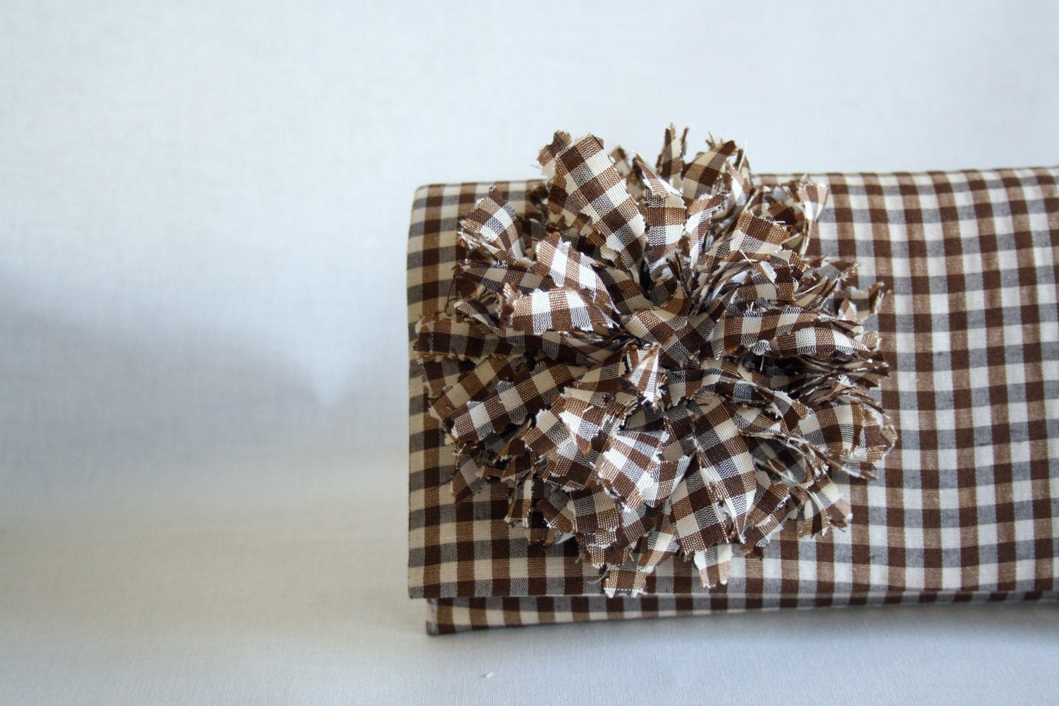 Clutch Checked Brown  Clutch with Flower Handmade