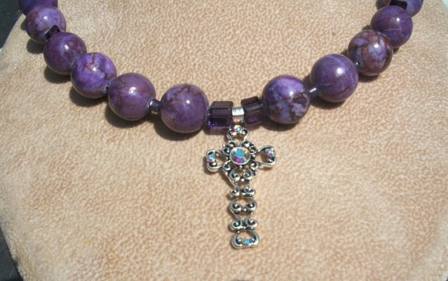 Necklace, Purple, Crazy Lace Agate, Cross Pendant, by Brendas Beading on Etsy
