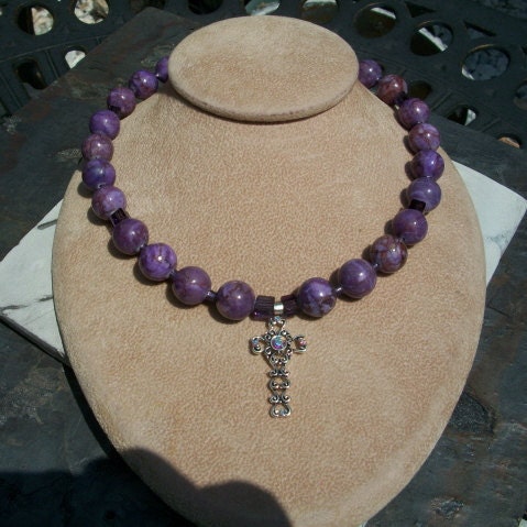 Necklace, Purple, Crazy Lace Agate, Cross Pendant, by Brendas Beading on Etsy